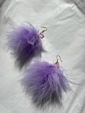 Purple Feather Pom Drop Earrings With Butterfly Charms
